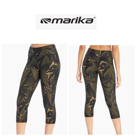 Marika Sport Palm Printed Capri Athletic Active Leggings Olive M - Picture 1 of 11